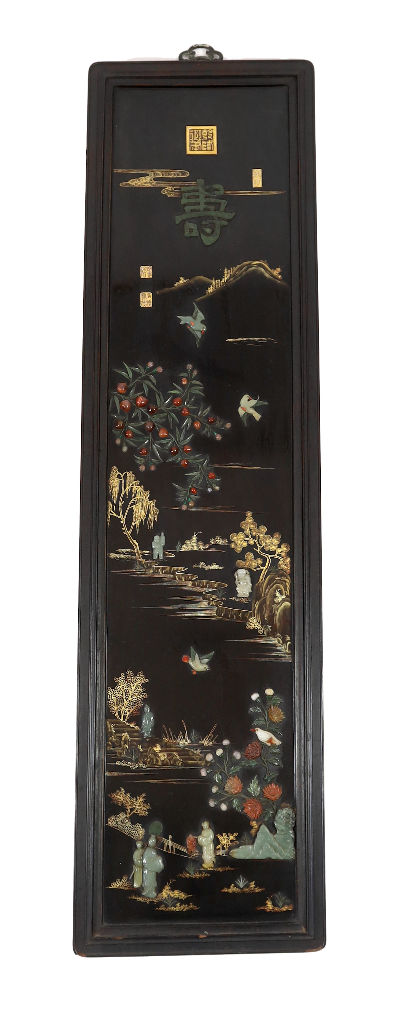 A Chinese jade mounted lacquer panel, 20th century, one applied jade figure Qing dynasty